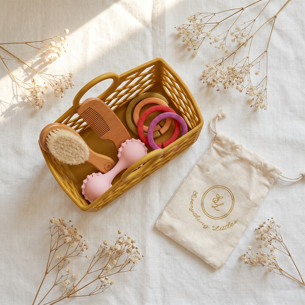 Baby Shower Gift Set — Caddie + Brush Set + Rattle + Links | 4-Piece Bundle