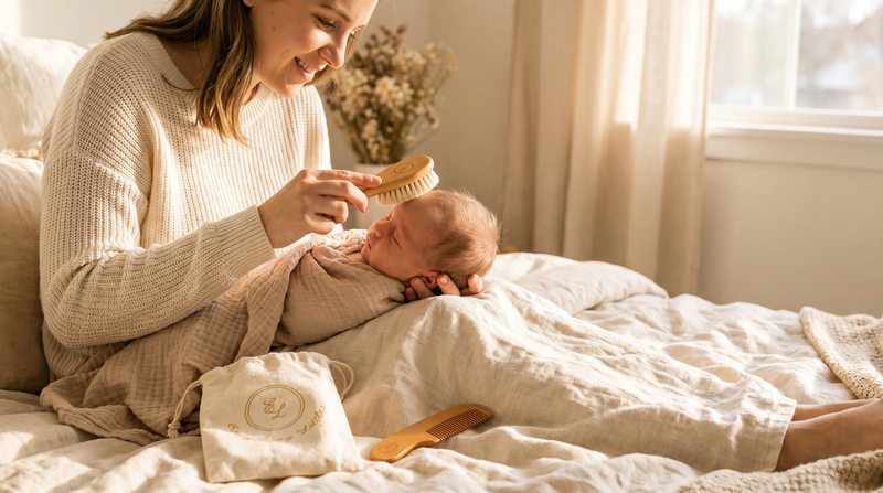 Mother brushing her baby's hair with the Everything Littles wooden brush set